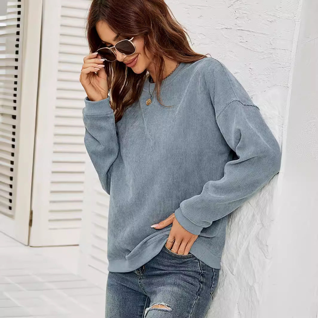 Corduroy Pullover Sweatshirt Casual Fashion Solid Round Neck Long-sleeved Tops Spring And Autumn Clothing For Women