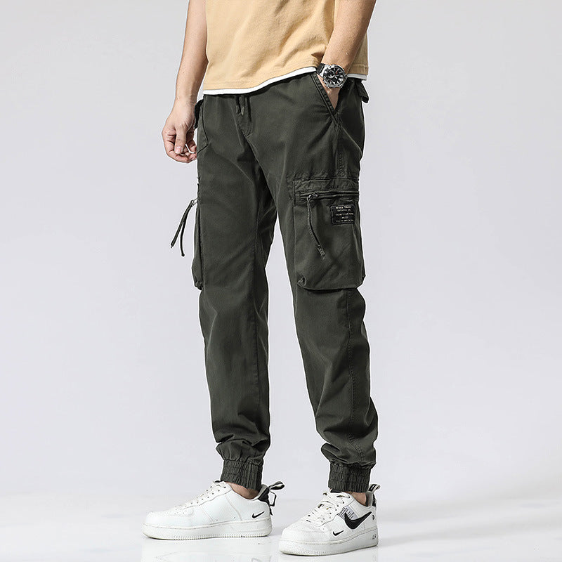 Casual Pants Trendy Brand Elastic Waist Men's Youth Simple Pure Cotton Multi-pocket Work Pants Trousers Ankle-tied