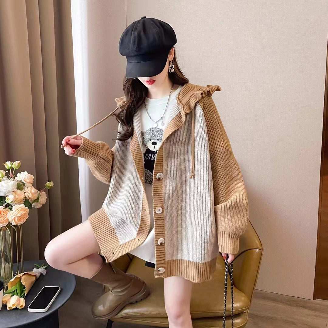 Western Style Wooden Ear Hooded Cardigan Sweater