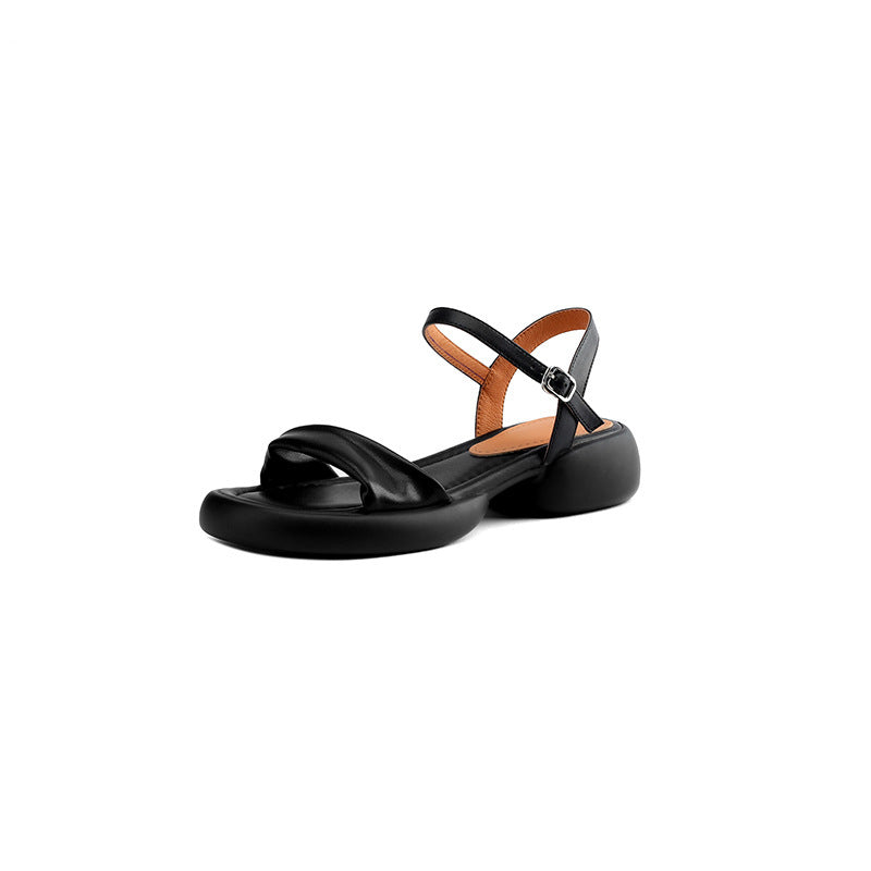 Cowhide Sandals Round Toe Thick Mid Heel Open Toe Women's Sandals