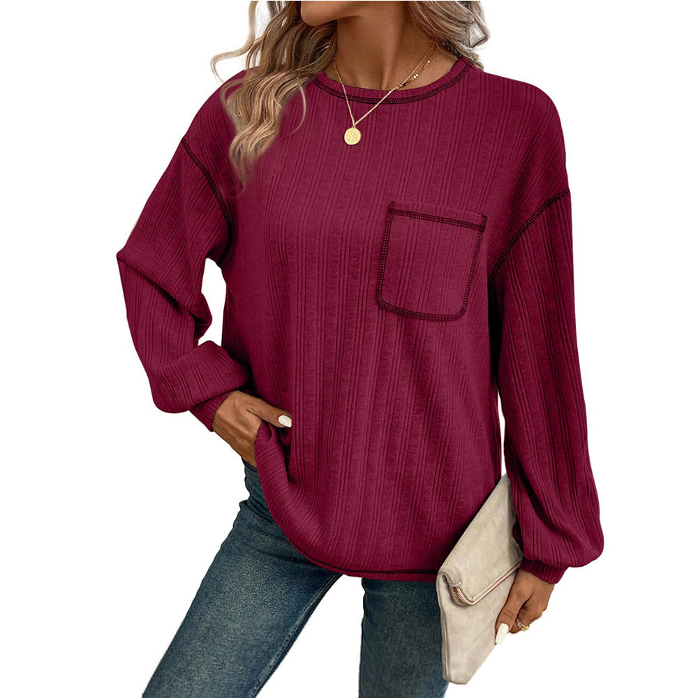 Women's Sunken Stripe Brushed Round Neck Pocket T-shirt