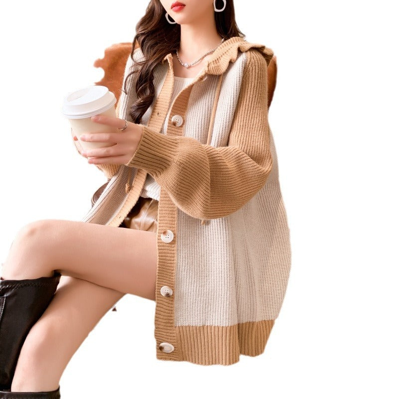 Western Style Wooden Ear Hooded Cardigan Sweater