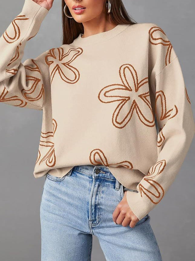 Women's Casual Round Neck Long Sleeved Floral Printed Coarse Knitted Pullover Sweater