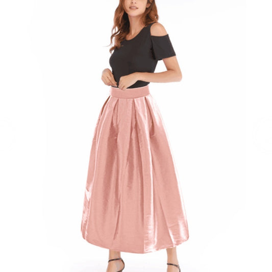 High Waist Pure Color Fashion Wide Hem Long Skirt