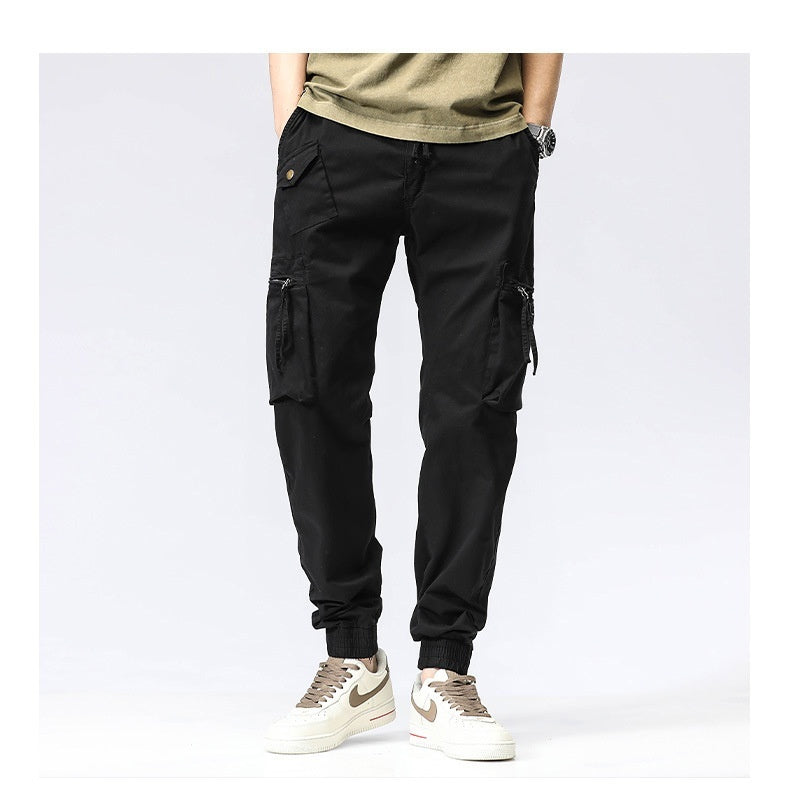 Casual Pants Trendy Brand Elastic Waist Men's Youth Simple Pure Cotton Multi-pocket Work Pants Trousers Ankle-tied