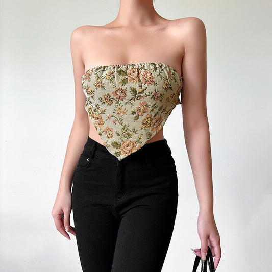 Fashionable Temperament Jacquard Stitching Off-shoulder Backless Short Tube Top