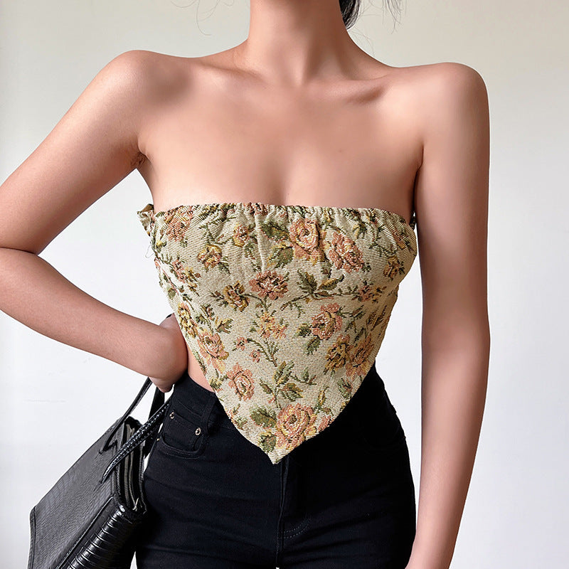 Fashionable Temperament Jacquard Stitching Off-shoulder Backless Short Tube Top