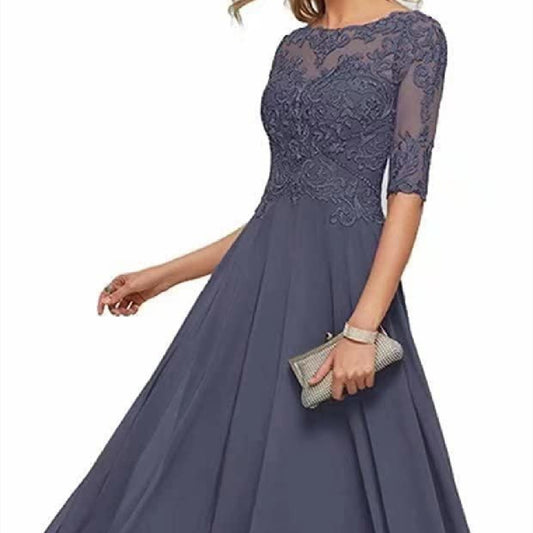 Lace Applique Half Sleeve Formal Party Dress