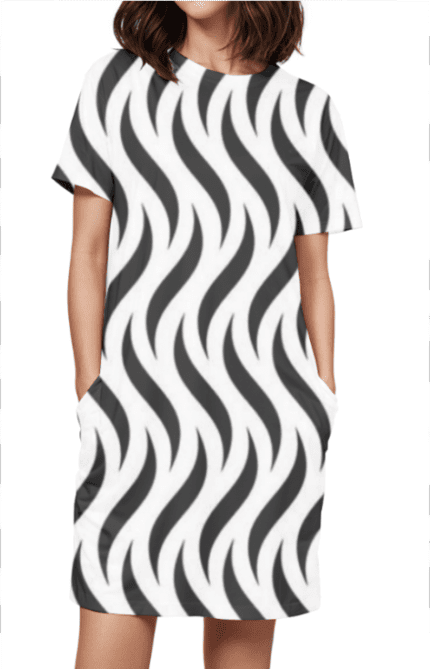 Female AOP T-Shirt Dress with Black & White Curves Design Print | Elegant & Artistic All-Over Print Dress