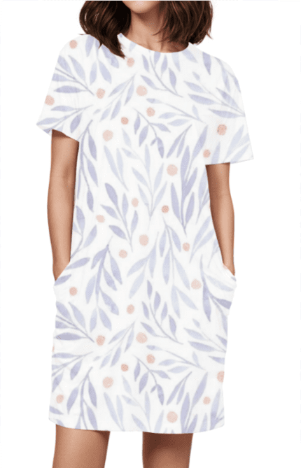 Female AOP T-Shirt Dress with Purple Leaf Design Print | Elegant & Nature-Inspired Fashion