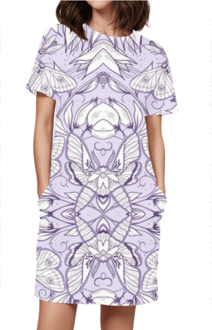 Female AOP T-Shirt Dress with Purple Butter Art Design Print | Unique & Artistic Fashion