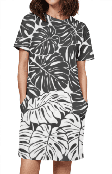 Female AOP T-Shirt Dress with Black Leaf Design Print | Elegant & Nature-Inspired Style