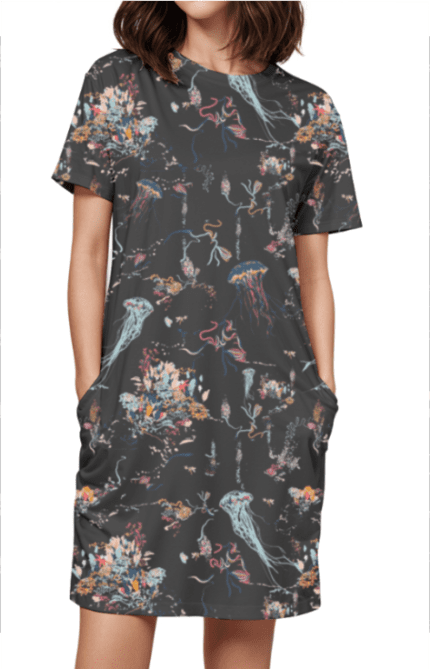 Female AOP T-Shirt Dress with Ocean Animals Print | Jellyfish & Marine Life on Black Design