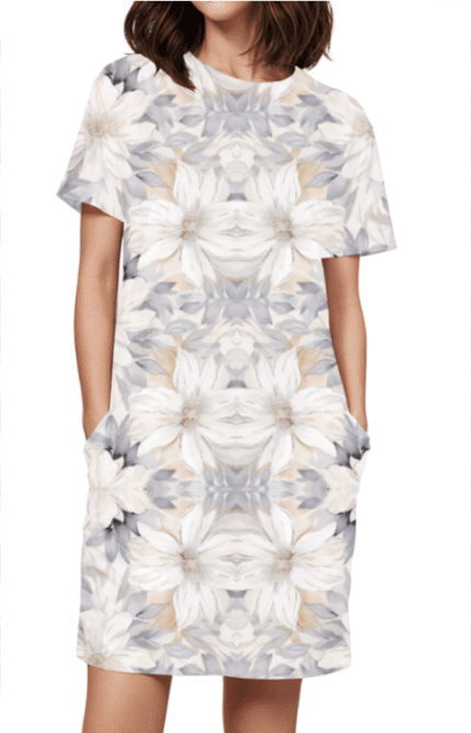 Female AOP T-Shirt Dress with White Flower Design Print | Elegant & Comfortable All-Over Print Dress