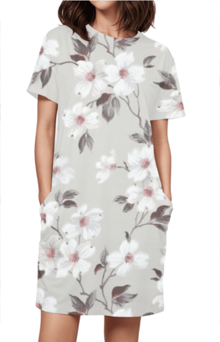 Female AOP T-Shirt Dress with White Flower Print | Elegant & Comfortable Floral Design Dress