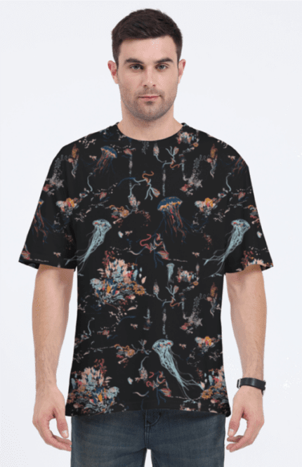 Unisex AOP Oversized T-Shirt with Jellyfish and Algae Design on Black | Unique & Stylish Marine-Inspired Print