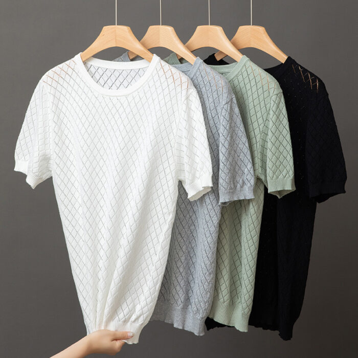 Men’s Knitted Half Neck Hollow Short Sleeve Cotton T-shirt