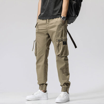 Casual Pants Trendy Brand Elastic Waist Men’s Youth Simple Pure Cotton Multi-pocket Work Pants Trousers Ankle-tied