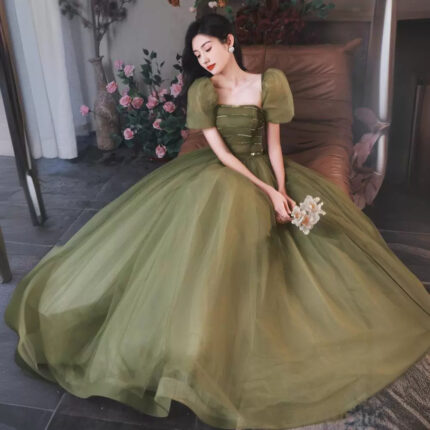 Women’s Mori Style Evening Wear Fairy Temperamental Green Slim Fit