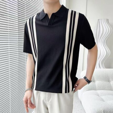 Men’s Mixed Color Stripe Slim Lapel T-shirt