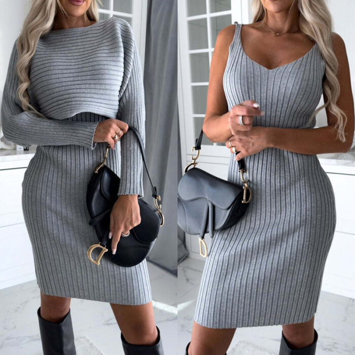 2pcs Suit Women’s Solid Stripe Long-sleeved Top And Tight Suspender Skirt Fashion Autumn Winter Slim Clothing