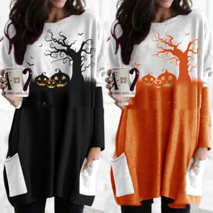 Halloween Pumpkin Stitching Long Sleeve Dress